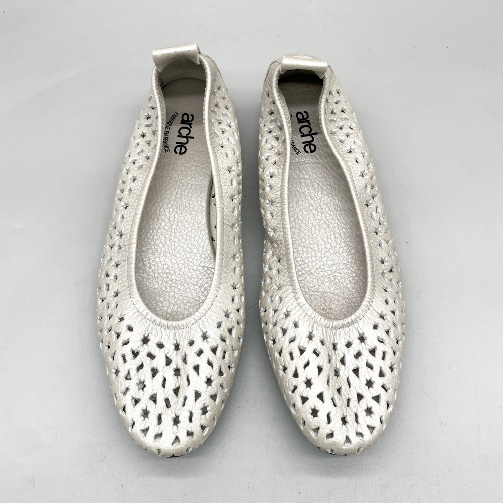 Arche Womens 40 Lilly Ballet Flat Metallic Silver Perforated Leather French Chic